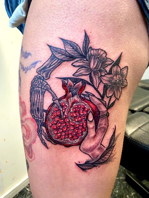 Artist from black magnolia in RVA april raine Skull And Pomegranate Tattoo, Pomegranate Tattoo Persephone, Hades And Persephone Tattoo Ideas, Pomegranate Tattoo Hades And Persephone, Persephone Tattoo Symbols, Muses Tattoo, Persephone Tattoos, Persephone Tattoo Design, Persephone Tattoo Ideas