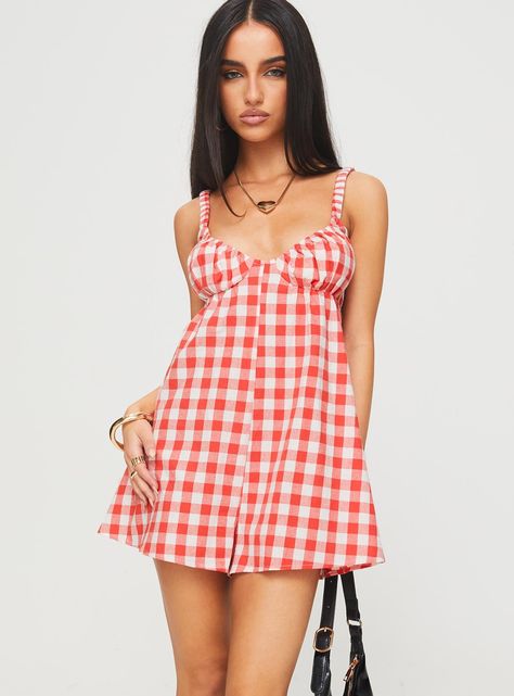 Romper Gingham print, elasticated shoulder strap, gathered ruched detailing at bust, sweetheart neckline, deep u-shape back design, relaxed fitting Non-stretch material, fully lined 100% cotton Cold gentle machine wash Gingham Romper, Girls Maxi Dresses, Pink Formal Dresses, Corsets And Bustiers, Long Sleeve Tops Casual, Red Gingham, Crop Top Shirts, Strapless Tops, Floral Blue Dress