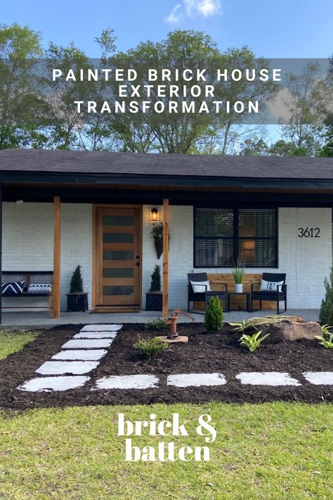 Front Brick House Ideas, 90s Brick House Exterior Makeover, Brick And Batten Exterior, Brick Home Makeover Exterior, House Exterior Transformation, Painting Exterior Brick, Black Brick House Exterior, Painted Brick Ranch, Painted Brick House Exterior