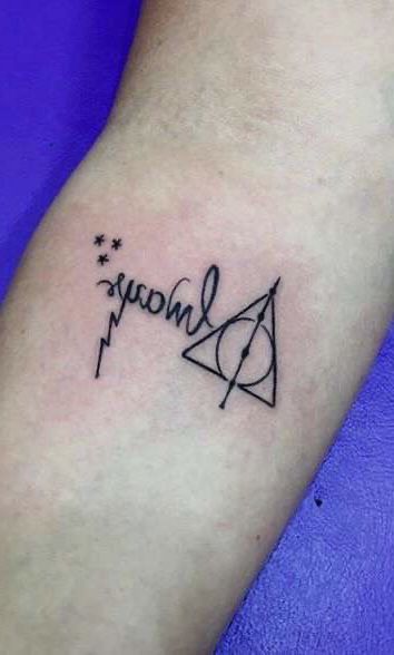 Cute Small Harry Potter Tattoos, Harry Potter Music Tattoo, Hair Potter Tattoos, Harry Potter Tattoos Wrist, Harry Potter Always Art, 3 By 3 Tattoo Ideas, Tattoo Ideas For Harry Potter, Watercolor Tattoo Cover Up, Harry Potter Mini Tattoo Ideas