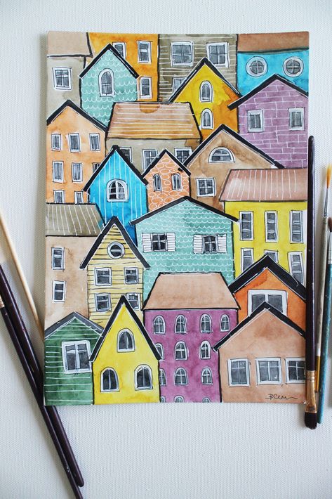 Houses Sketch, City Scene Painting, Scene Sketch, Town Drawing, Cityscape Drawing, Dog Portraits Painting, Sketch Watercolor, Oil Painting Frames, Watercolor City