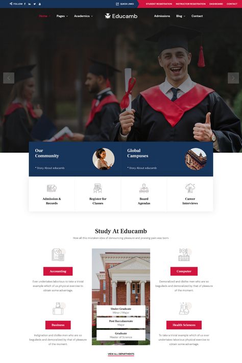 Educamb is a powerful Learning Management System (LMS) WordPress theme designed for educational institutions, online courses, and e-learning websites. This theme provides an easy-to-use interface and a range of customization options that enable users to create a unique and professional-looking website that is optimized for educational purposes. With features like course management, quiz creation, and student tracking,anage their student base. Online Course Website Design, Lms Design, College Website, Websites For Students, Business Major, Study Course, Learning Websites, College Design, Learning Management System