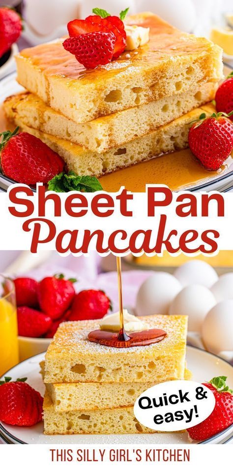 sheet pan pancakes Tenderloin Recipes Crockpot, Sheet Pan Pancakes, Pan Pancakes, Quick Breakfast Recipes, Busy Morning, Pancakes Easy, Fast Easy Meals, Recipe From Scratch, Quick And Easy Breakfast