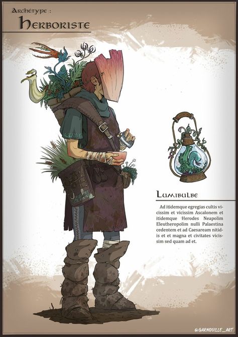 Forager Character Design, Herbalist Concept Art, Herbalist Outfit Design, Dnd Botanist, Moss Character Design, Fantasy Botanist, Apothecary Character Design, Dnd Herbalist, Fantasy Herbalist