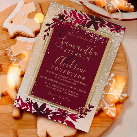 gold typography leaf snow red winter wedding invitation Christmas Wedding Invites, Christmas Wedding Ideas Elegant, Christmas Barn Wedding, Elegant Winter Wedding Ideas, Red Winter Wedding, Elegant Winter Wedding Invitations, Wedding Christmas Card, Christmas Winter Wedding, Red And Gold Wedding