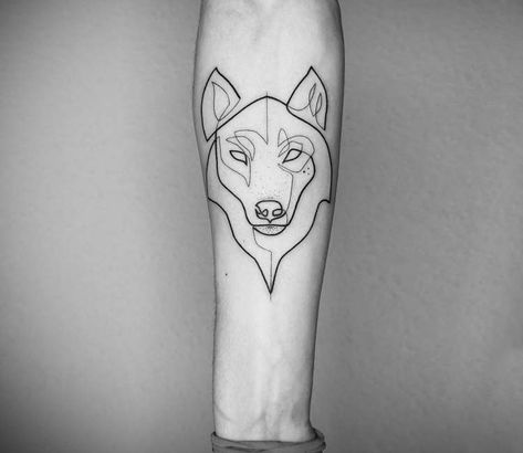 Wolf head tattoo by Mo Ganji Wolf One Line Tattoo, Wolf Tattoo Line, Wolf Tattoo Minimalist, Line Wolf Tattoo, Wolf Line Tattoo, Wolf Outline Tattoo, Minimalist Wolf Tattoo, Line Art Wolf, Wolf Line Art