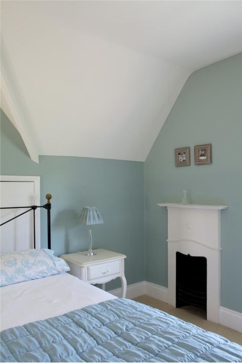 Wall color is Farrow and Ball Green Blue Duck Egg Blue Bedroom, Farrow Bal, Wimborne White, Dining Room Fireplace, Dining Room Blue, Farrow And Ball Paint, Farrow And Ball, Bedroom Color Schemes, Trendy Bedroom