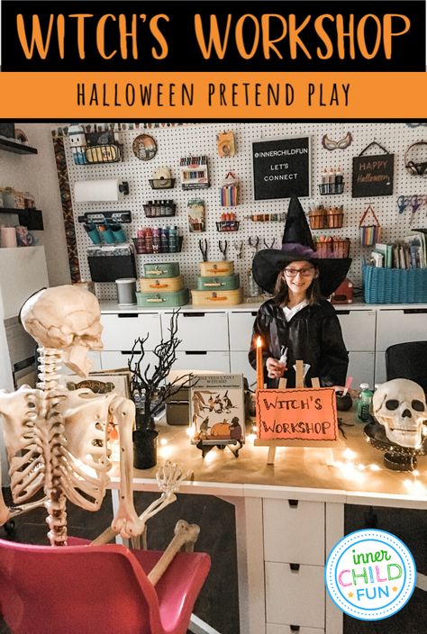 Halloween Pretend Play - Witch's Workshop - Inner Child Fun Halloween Pretend Play, Witches Workshop, Halloween Dramatic Play, Curriculum Themes, Play Preschool, Dramatic Play Themes, Play Stations, Story Props, Spider Toy