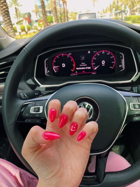 Orange Nails With Smiley Face, Red Smiley Face Nails, Hot Pink Nails With Smiley Face, Pink Nails Smiley Face, Smily Face Nail Design, Pink Smiley Face Nails, Hot Pink Summer Nails, Mom Nails, 2022 Nails