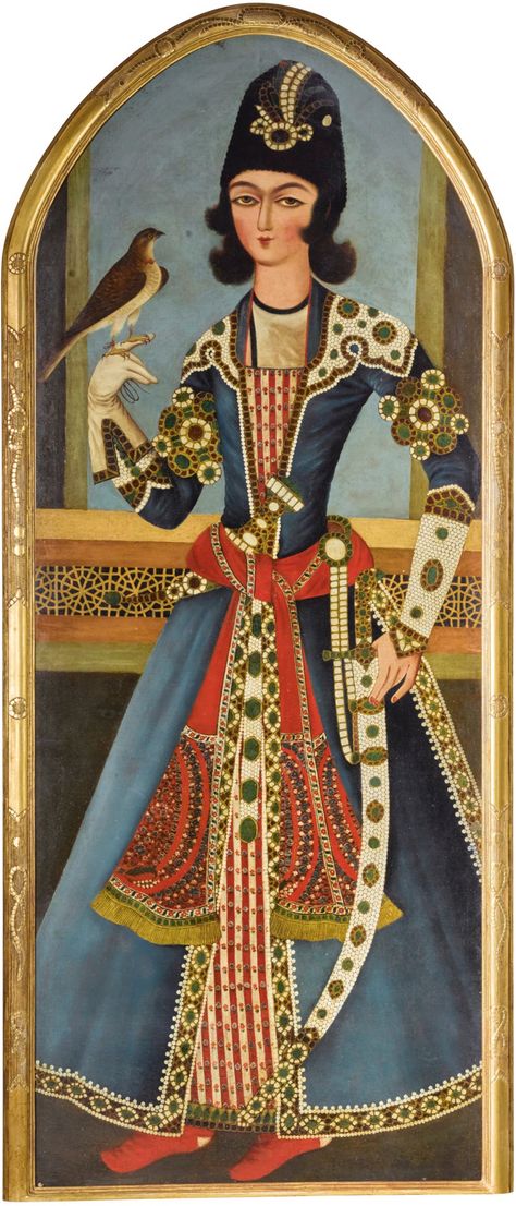 A prince holding a falcon | شاهزاده با یک شاهین، شیوه محمد حسن، حدود ۱۸۲۰ ترسایی، رنگ و روغن روی بوم، قاب ۱۹۱ در ۷۵ سانتیمتر A prince holding a falcon, style of Mohammad Hasan, Persia, circa 1820 oil on canvas, framed 191 by 75cm. This fine portrait is painted in the style of Mohammad Hasan, one of the foremost portrait artists working during the period of Fath 'Ali Shah Qajar (r.1798-1834). Two of his most accomplished works were in the Amery Collection, now housed in Qajar Dynasty, Persian Women, Persian Calligraphy Art, Modern Embroidery Kit, Persian Art Painting, Persian Miniature, Ancient Persian, Persian Motifs, Iranian Art