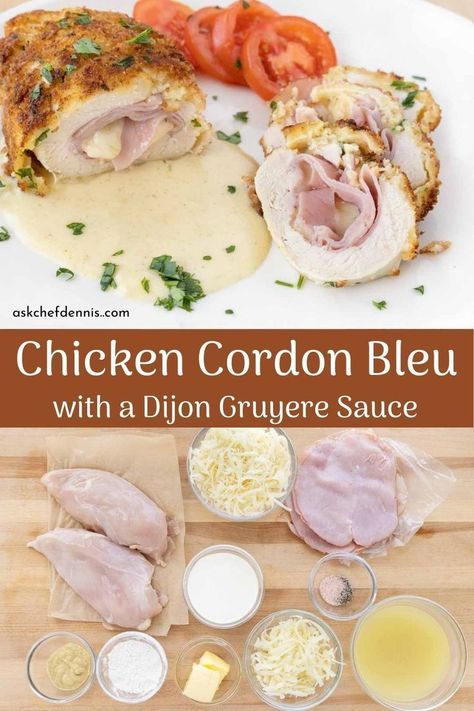 This classic chicken cordon bleu recipe from Ask Chef Dennis is easy to make and comes with a creamy dijon gruyere sauce that perfectly complements this delicious restaurant-style chicken dish. You can choose to bake this in your oven or your air fryer for a healthier version! Any way you choose, it will be delicious! Chicken Cordon Bleu Healthy, Best Chicken Cordon Bleu Recipe, Chicken Cordon Bleu Sauce, Creamy Dijon Sauce, Creamy Dijon, Olympics Party, Cordon Bleu Recipe, Dijon Sauce, Chicken Cordon Bleu Recipe