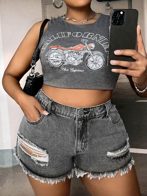 SHEIN Plus Ripped Raw Hem Denim Shorts Cheap Edgy Mid-rise Jean Shorts, Trendy High Waist Gray Jean Shorts, Medium Wash Mid-rise Jean Shorts For Streetwear, Cheap Ripped Dark Wash Shorts, Gray Denim Jean Shorts, Grey Denim Shorts, Outfit Black Women, Jean Short Outfits, Stylish Lifestyle