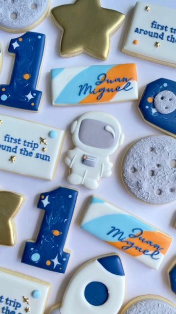 astronaut cookies, soace cookies, moon cookies, spaceship cookies, one cookies, first birthday cookies Astronaut Cookies Decorated, Spaceship Cookies, First Trip Around The Sun Cookies, Astronaut Cookie, Astronaut Cookies, Cookies First Birthday, 2023 Cookies, Space Cookies, Moon Cookies