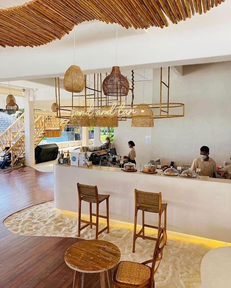 Beach Coffee Shop Aesthetic, Bali Cafe Interior, Beach Cafe Interior, Beachy Restaurant, Beach Cafe Design, Beach Cafe Aesthetic, Mediterranean Restaurant Design, Beach Coffee Shop, Beach Restaurant Design