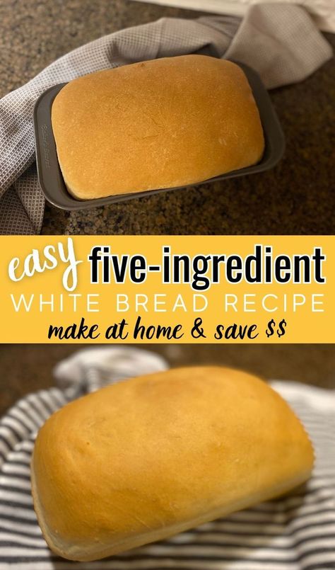 Soft baked bread with text "Easy five-ingredient white bread recipe- make at home and save $$" Basic White Bread Recipe, Basic Bread Recipe, Homemade Sandwich Bread, Sandwich Bread Recipe, Homemade White Bread, Bread Rolls Recipe, Homemade Sandwich, White Bread Recipe, Sandwich Bread Recipes