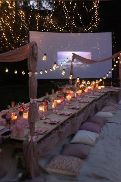 Outdoor Movie Night Ideas Backyards, Birthday Movie Night Ideas, Outdoor Movie Night Birthday Party, Backyard Projector, Outdoor Movie Birthday Party, Outdoor Movie Night Ideas, Backyard Movie Night Party, Birthday Movie Night, 12th Birthday Party Ideas