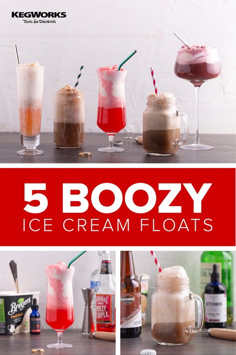 Our ice cream float recipes feature unique flavors of craft sodas. Mixed with ice cream, a little booze, plus a few dashes of cocktail bitters to enhance the flavor, these alcoholic ice cream floats are as tasty as they are nostalgic. Boozy Ice Cream Floats, Alcoholic Ice Cream, Ice Cream Float Recipes, Baileys Ice Cream, Boozy Ice Cream, Ice Cream Cocktails, Cocktail Inspiration, Floats Drinks, Ice Cream Float