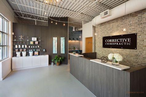 Chiropractic Office Decor, Brick Logo, Chiro Office, Optometrist Office, Construction Office, Chiropractic Office Design, Front Desk Design, Reception Area Design, Exposed Ceiling