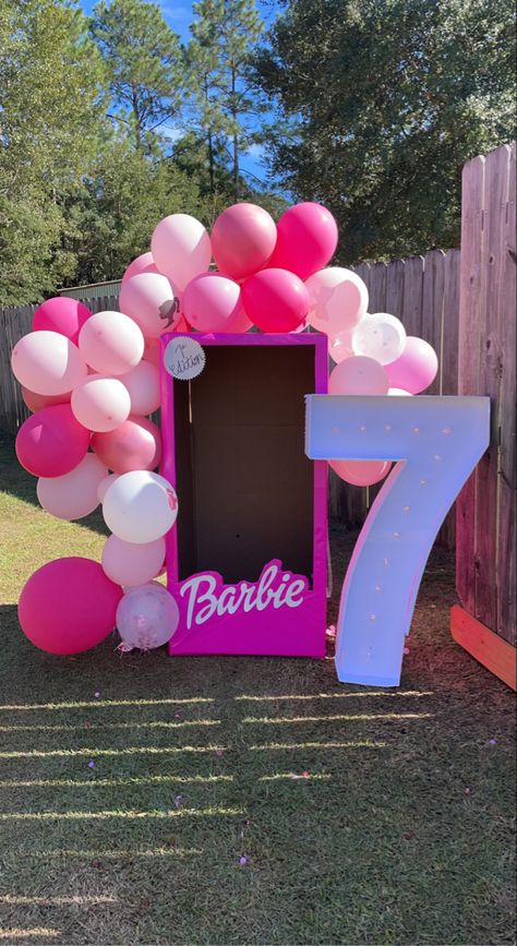 DIY Barbie Birthday decoration/photo prop Barbie Party Diy Decorations, Diy Barbie Themed Birthday Party, Barbie Photo Props, Outdoor Barbie Birthday Party, Barbie Unicorn Birthday Party, Barbie Birthday Diy, Barbie Birthday Party Diy, 5th Barbie Birthday Party, Barbie Party Decorations Ideas Diy