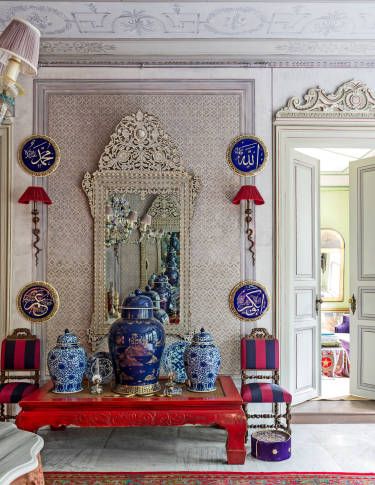 On a hilltop in Istanbul, overlooking a sweep of the Bosphorus strait, sits a fantasy of Ottoman opulence, its rooms filled with the enticing secrets of Turkish bazaars. Turkish Home Decor, Turkish Decor, Ottoman Decor, Turkish Fashion, Entry Hall, Painted Ceiling, The Design Files, Town And Country, Chic Home