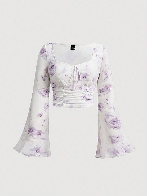 Top With Sleeves, Neat Casual Outfits, Best Friend Outfits, Floral Print Shirt, Friend Outfits, Flounce Sleeve, Purple Top, Simple Trendy Outfits, Cute Summer Outfits