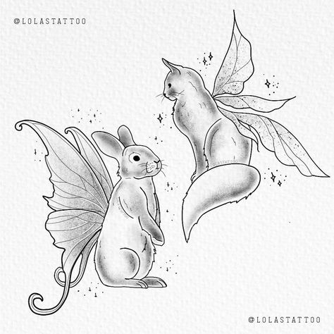 Butterfly Cat Drawing, Bunny With Wings Drawing, Rabbit And Cat Tattoo, Animal Fairy Tattoo, Bunny Fairy Tattoo, Cat And Rabbit Drawing, Whimsical Cat Tattoo, Bunny And Cat Tattoo, Fairy Bunny Tattoo