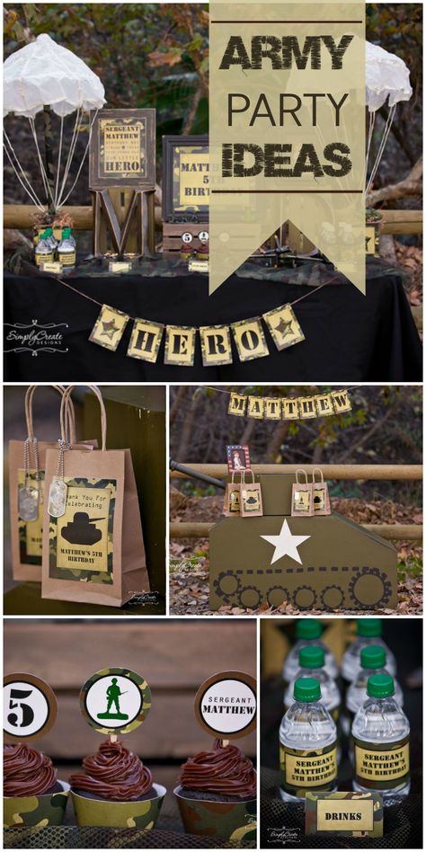 What a great Army party for a five year old boy with lots of camouflage party decorations! See more party ideas at CatchMyParty.com! Army Themed Birthday, Soldier Party, Deployment Party, Camo Birthday Party, Army Birthday Parties, Army Retirement, Camouflage Party, Army Birthday, Camo Birthday