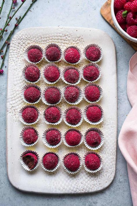 Chocolate Raspberry Truffles - a sweet harmony of chocolate and raspberry, and easy to make with chocolate, butter, and raspberry jam! A splash of raspberry liqueur elevates this elegant dessert! Chocolate Raspberry Truffles, Raspberry Truffles, Chocolate And Raspberry, Freeze Dried Raspberries, Raspberry Liqueur, One Smart Cookie, Raspberry Preserves, Dried Raspberries, True Food