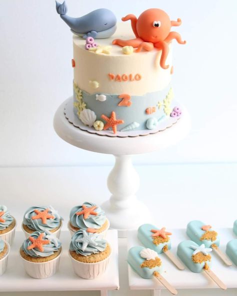 1st Birthday Under The Sea, Ocean Themed Cakes, Cake Ocean, Under The Sea Cake, Sea Cake, Sea Cakes, Baby Birthday Themes, 1st Birthday Cakes, Under The Sea Party