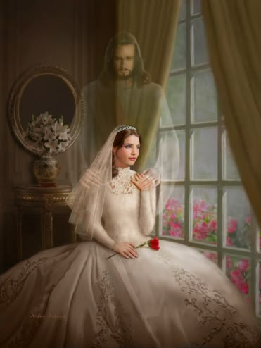 The Christian painting of THE BRIDE OF CHRIST or the Lamb`s Bride is a metaphor for the church and the followers of Jesus Christ from the scriptures of Revelation 3:12 and the Gospels Mathew 9:15, Mark 2:19 and Luke 5:34 mentioned in the Bible where Christ is called the Bridegroom. Bride Art, Christian Painting, Gods Princess, The Gospels, Pictures Of Christ, Jesus Christ Art, Pictures Of Jesus Christ, Bride Of Christ, Ayat Alkitab