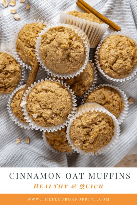 Simple Cinnamon Oat Muffins made with whole wheat flour and yogurt are an easy, healthier alternative to your typical oatmeal muffin. Toddler approved, and kid friendly, the whole family will enjoy these Cinnamon oatmeal muffins. #oatmealmuffins #cinnamonmuffins #cinnamonoatmuffins #wholewheatmuffins #toddlermuffins #easymuffinrecipe #muffinrecipe #theflourhandprint Cinnamon Oat Muffins, Muffins Oatmeal, Cinnamon Oatmeal Muffins, Homemade Drop Biscuits, Vegan Bakes, Oatmeal Muffin, Oatmeal Muffins Healthy, Oatmeal Muffin Recipes, Autumn Baking