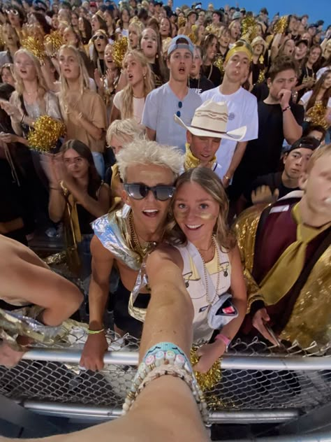 Gold Football Theme Outfits, Gold And Black Football Outfit, Gold Out Theme Football Game, Gold Night Football Game, Gold Rush Theme Football Game, Gold Football Game Outfit, Gold Theme Football Game Outfit, Football Game Themes High School, Gold Out Football Game Outfit Highschool