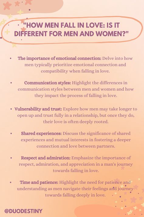 "Unravel the mysteries of love as we delve into the unique ways men experience the journey of falling in love. From emotional connection to commitment, discover the key factors that shape their path to lasting affection. Gain insights into the differences between men's and women's approaches to love and relationships. #MenInLove #RelationshipInsights #LoveDifferences #GenderAndLove #PinterestInspiration" Sacred Sexuality, Prayer For Husband, Men Vs Women, Mindset Shift, Relationship Stuff, Relationship Lessons, Love And Relationships, Relationship Advice Quotes, After Marriage