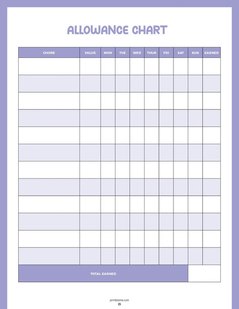 Allowance tracker chore chart with sections to list chores, assign values, and track daily completion, including a total earned section. Chore And Allowance Chart Free Printable, Chore Chart Kids Printable Free, Kids Allowance Chart, Allowance Tracker, Allowance System, Chores And Allowance, Allowance Chart, Weekly Chore Chart, Allowance For Kids