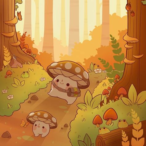 Rihn 🍄 on Instagram: "Hi friends! 🍂🍄 Today the mushrooms are on a walk in the forest. Probably on their way to get some snacks 🍩😋 How else do you think they stay so round! I hope you all have a great weekend! 🍂 . . . . . 🍄[Tags]🍄 #mushroom #mushrooms #mushrooms🍄 #fungi #fungifreaks #mushroomart #cottagecore #cottagecoreaesthetic #cottagecoreart #fae #faerie #faeriecore #forestcreature #forestlovers #fairycore #mushroomcore #goblincore #cozycore #frog #cutefrogs #fallart #autumnforest" Mushroom Core Art, Mushroom Cottagecore Art, Fall Forest, Mushrooms Aesthetic, Aesthetic Wallpaper Mushroom Frog, Mushroom Aesthetic, Mushroom Forest, Mushroom Forest Art, Cute Mushroom Forest