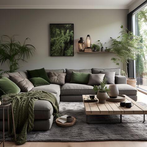 Green and grey, the perfect ballet—a harmonious duo that makes your day!" 💚 Our green and grey cushions on a grey sofa offer a balanced and inviting look for any room. 🌫️ Find your equilibrium at 👉 https://covermycushion.com/pages/cushion-ideas-for-grey-sofas 🌿 #CoverMyCushion #GreenAndGrey #BalancedBeauty Comfortable Minimalist Living Room, Gray Couch Decor Ideas, Cozy Earthy Living Room, Living Room Design Green, Gray Sofa Living, Grey Sofa Living Room, Green Living Room Decor, Earthy Living Room, Grey Couch Living Room