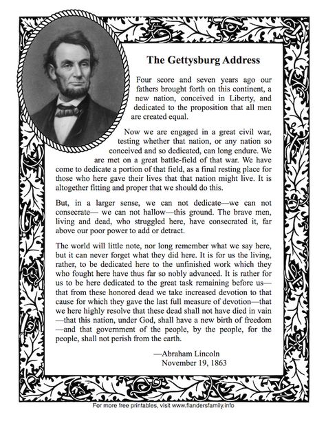 Lincoln's Gettysburg Address | another free printable from www.flandersfamily.info Gettysburg Address Printable, Address Worksheet, Government Lessons, Teaching Government, Gettysburg Pennsylvania, Gettysburg Address, The Oregon Trail, Chore Charts, History Quotes