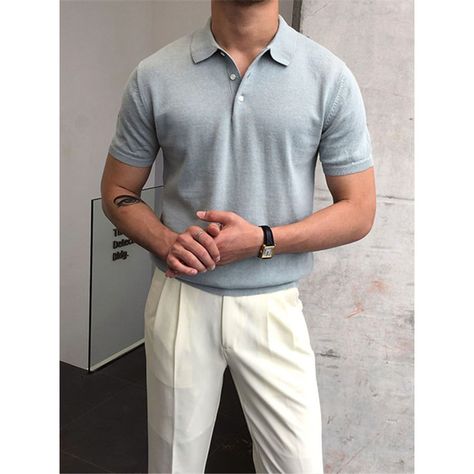 Gentleman summer plain knitted polo shirt Sepatu Loafers Pria, Men Short Sleeve Shirt, Business Casual Polo, Polo Shirt Outfits, Knitted Polo Shirt, Printed Hoodies Sweatshirts, Polo Men, Knitted Polo, Men Stylish Dress