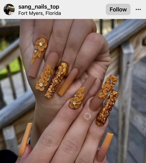 Fall Nails 2023 Acrylic, Autumn Nails Acrylic Coffin Long, November Nail Designs Fall, Thanksgiving Long Nails, Medium Fall Nails Acrylic, Fall Acrilyc Nail Ideas, Long Coffin Fall Nail Designs, Matte Nails Design Ideas Fall, Xxl Fall Nails