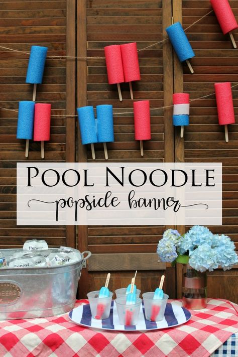 Such a fun idea for pool noodles! A simple pool noodle popsicle banner. This garland is so fun for a summer party. Summer is the BOMB! Pool Noodle Popsicle Garland, Pool Noodle Popsicle, Popsicle Banner, Pool Noodle Garland, Rocket Popsicle, Noodles Ideas, Pool Noodle Crafts, Dollar Diy, Simple Pool