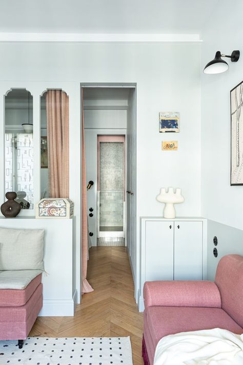 A small, dark Parisian apartment transformed • The Home Page Studio Apartment Color Scheme, Tiny Apartment Interior Design, Mini Apartment Design, French Studio Apartment, Small French Apartment, Cute Studio Apartment, Tiny Parisian Apartment, Parisian Studio Apartment, Open Plan Studio