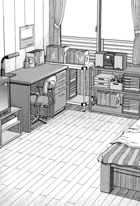 Desk, Black And White, Bedroom, Bed, Anime, White, Black