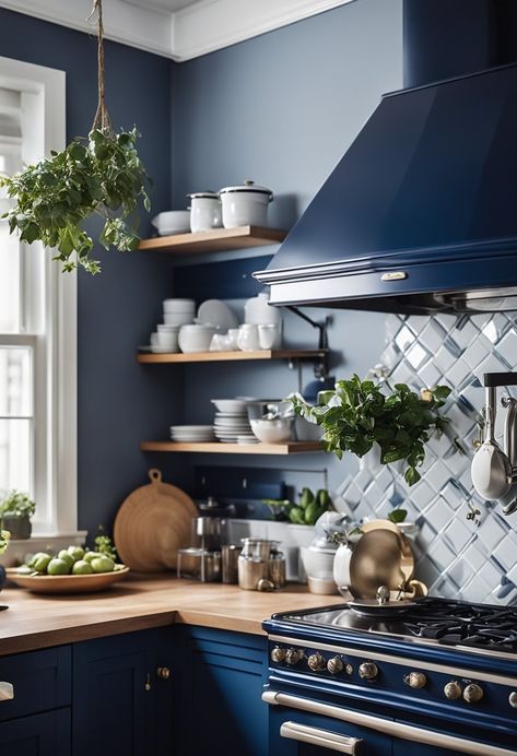 Dark Navy Blue Kitchen Cabinets, Dark Blue And Copper Kitchen, Navy Blue Aesthetic Kitchen, Navy Blue Kitchens, Dark Blue Kitchen Aesthetic, Blue Kitchen Aesthetic Vintage, Navy Blue Backsplash Kitchen Lowe's, Navy Tile Backsplash Overstock, Navy Blue Kitchen Cabinets