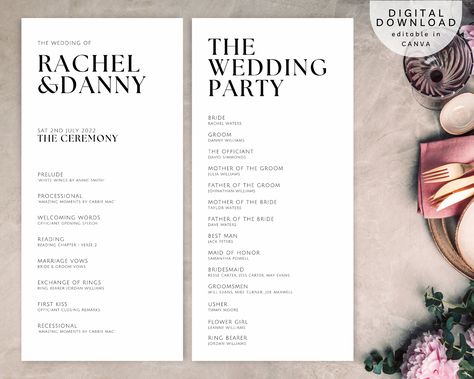 "Editable Wedding Order of Service, Personalised Wedding Ceremony Itinerary, Minimal Wedding Party Card, Printable Wedding Guest List, Wedding Programme This listing is an Instant download digital file for you to edit on Canva, which is available in web browser or app stores. You will NOT receive any physical item/prints.  WHAT IS CANVA: Canva is a graphic design platform, used to create templates. These templates can be easily edited to suit your needs, simply add your own information throughou Wedding Programme Design, Wedding Ceremony Itinerary, Wedding Order Of Ceremony, Wedding Ceremony Order Of Events, Ceremony Itinerary, Order Of Ceremony Wedding, Wedding Processional Order, Processional Order, Wedding Party List