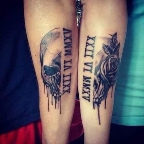 Skulls Couple Tattoo, Couples Tattoos Skull, Matching Skull Tattoos For Couples, Skull Matching Tattoos, Skull Tattoos For Couples, Best Couple Tattoos Unique, Unique Couples Tattoos, Matching Skull Tattoos, Unique Matching Tattoos For Couples