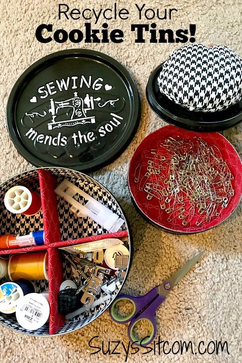 What a fun way to recycle your cookie tins into pretty sewing supply storage! Do you have a bunch of tins laying around after the holidays? Make a DIY cookie tin sewing kit - it's an easy way to upcycle your cookie tins! #IdeasForTheHome #Kenarry Cookie Tins Repurposed Diy, Tin Cookie Container Ideas, Cookie Tins Repurposed, Quilting Storage, Tin Projects, Sewing Kits Diy, Sewing Kit Box, Tin Ideas, Recycled Tin Cans