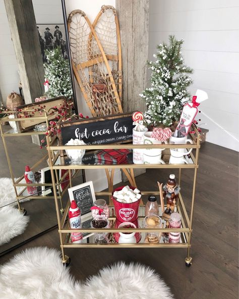 Hot Cocoa Bar Cart, Easy Hot Cocoa, Holiday Hot Cocoa Bar, Christmas Hot Chocolate Bar, Christmas Bar Cart, Holiday Bar Cart, Holiday Inspo, Bar Cart Styling, Christmas Hot Chocolate