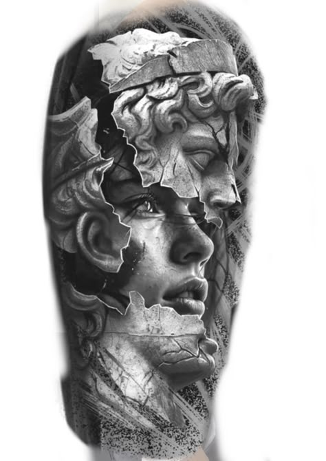 Tattoo Filler Ideas Men Backgrounds, Greek Art Tattoo, Big Cat Tattoo, Realistic Tattoo Sleeve, Tattoo Filler, Statue Tattoo, Full Sleeve Tattoo Design, Greek Mythology Tattoos, Flower Tattoo Shoulder