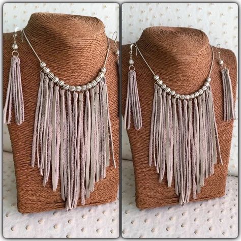 Boho Leather Fringe Necklace Leather Fringe Earrings Set | Etsy Serbia Leather Fringe Necklace, Boho Leather Jewelry, Leather Fringe Earrings, Macrame Colar, Fringe Fashion, Necklace Leather, Long Fringe, Fringe Necklace, Boho Leather