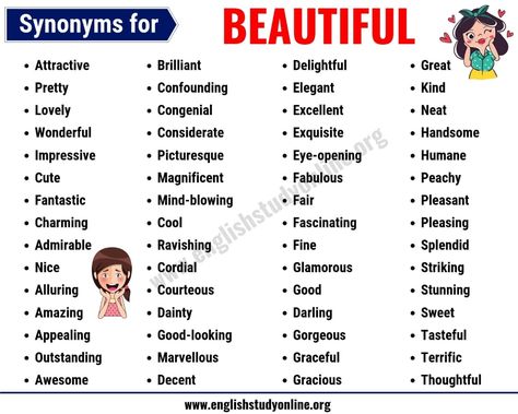 Beautiful Synonyms | List of 30+ Helpful Synonyms for Beautiful - English Study Online Beautiful In Other Words, Synonyms For Beautiful, Other Words For Beautiful, Another Word For Beautiful, Other Ways To Say, Essay Writing Skills, Good Vocabulary, English Writing Skills, Words To Use